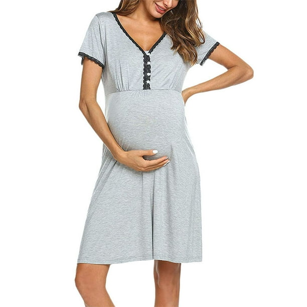 Summer Short Sleeve Maternity Nursing Dress Breastfeeding Dresses Cotton V-Neck 